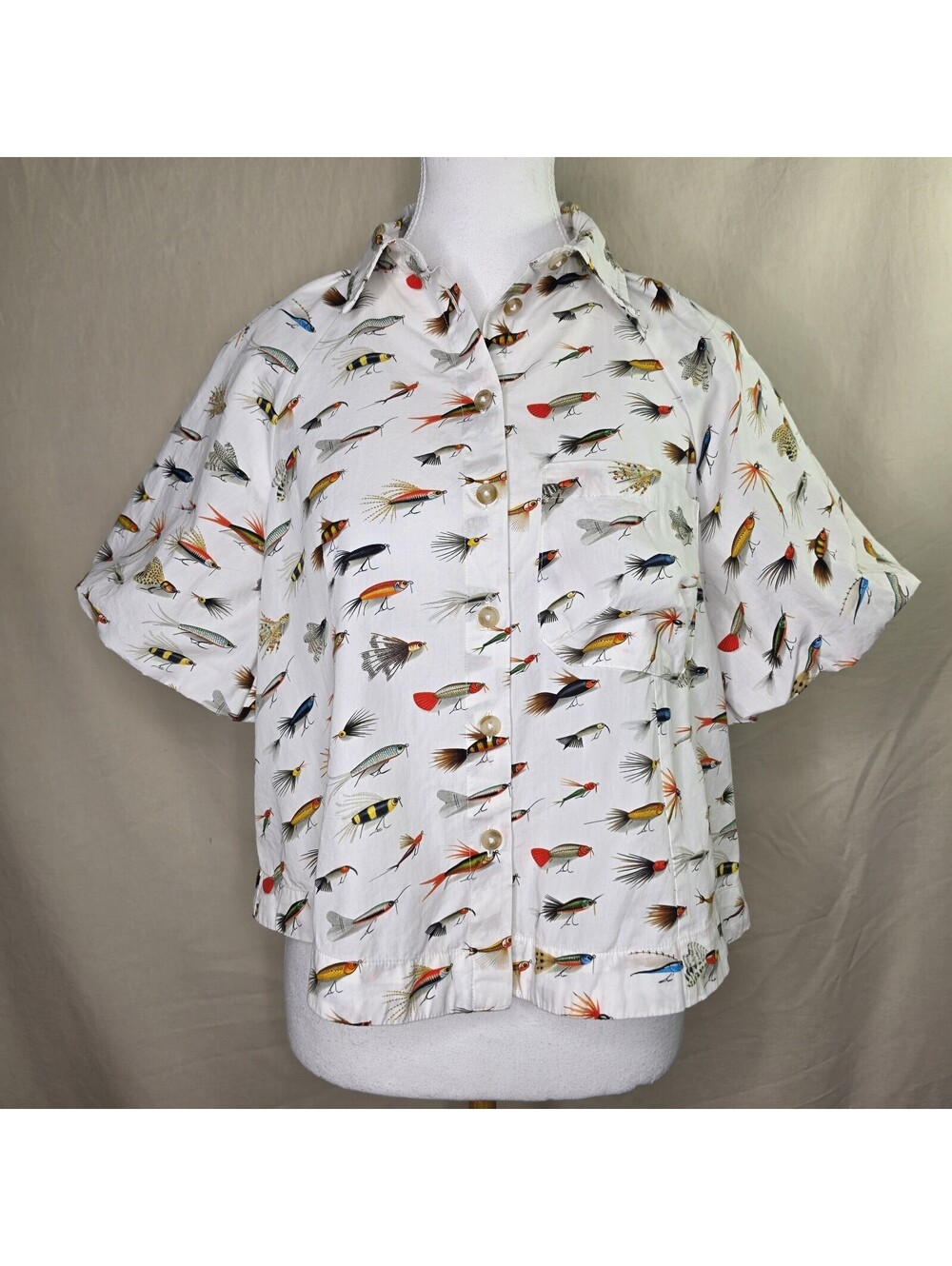 Maeve Zooey Fishing Fly Print Bubble Sleeve Cotton Buttondown Shirt White XS
